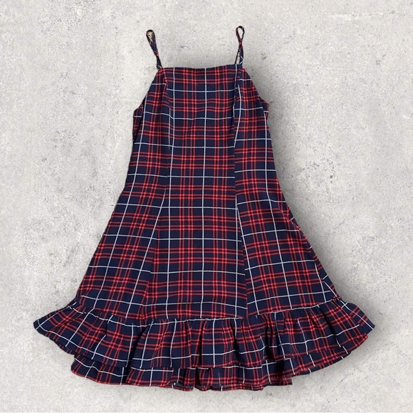 Altar'd State Dresses & Skirts - Altar’d State flirty red and blue plaid dress ruffled mini size Small